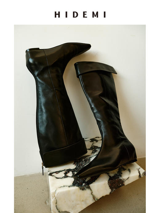HIDEMI【当当同款】经典尖方头内增高系列高筒翻折设计感进口胎牛皮长靴 商品图3