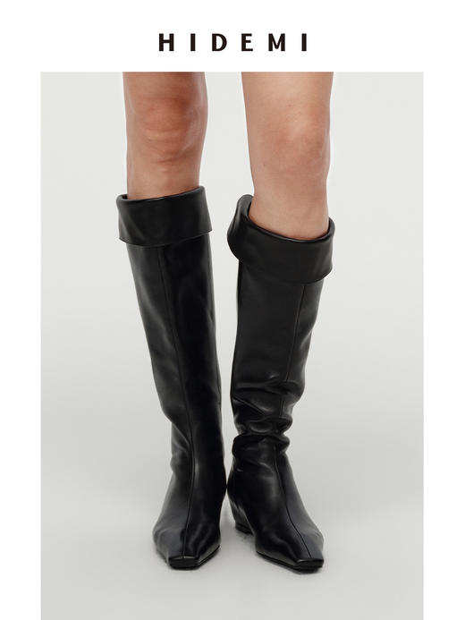 HIDEMI【当当同款】经典尖方头内增高系列高筒翻折设计感进口胎牛皮长靴 商品图6