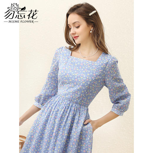 勿忘花蓝色纯棉时尚碎花方领连衣裙女士2024秋季新款气质职场裙子 商品图3
