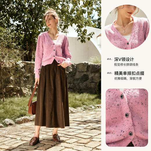 OLrain欧芮儿粉色毛衣开衫女秋季2024新款法式V领泡泡袖针织上衣 商品图2