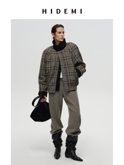 HIDEMI 【戚薇同款】进口色织羊毛粗呢毛呢加宽复古廓形肩型飞行员加棉可拆卸棉服背心两件套大衣外套 商品图8