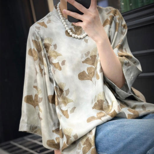 【顺丰包邮】11616 洛诗琳轻奢斜纹绸锻真丝印花新中式宽松衬衫0255 商品图2