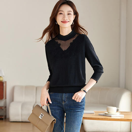 CC2024秋冬新款半高领软糯针织衫女修身毛衣薄款内搭中领网纱打底衫 商品图1