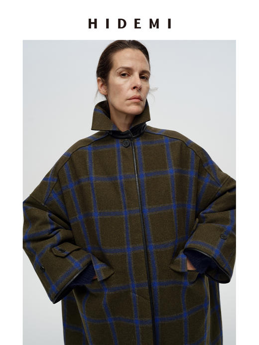 HIDEMI极简大廓形艺术感撞色色织格纹厚款羊毛毛呢夹棉双重保暖大衣 商品图2