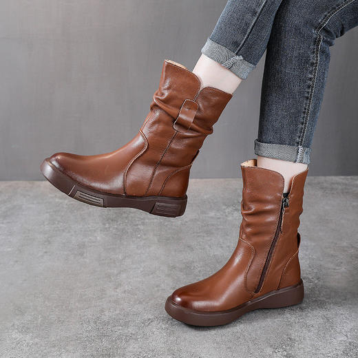 YR1988头层牛皮中筒马丁靴女秋冬新款棉靴平底中筒靴复古圆头骑士单靴子 商品图1