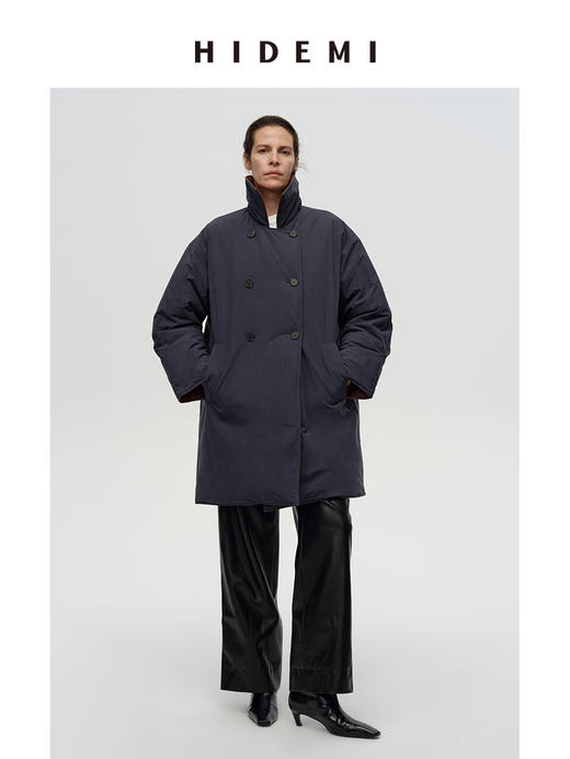 HIDEMI 极简廓形蓝棕撞色双面正反两穿式加厚超保暖翻领棉服大衣 商品图1
