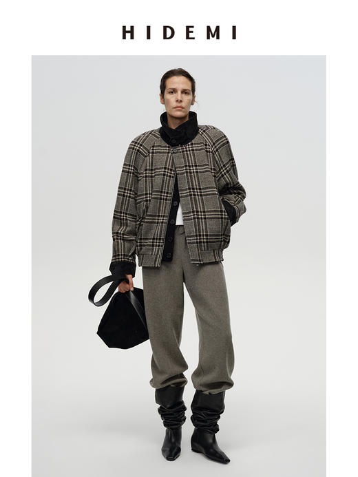 HIDEMI 【戚薇同款】进口色织羊毛粗呢毛呢加宽复古廓形肩型飞行员加棉可拆卸棉服背心两件套大衣外套 商品图0