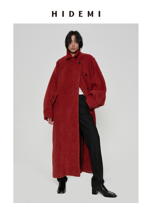 HIDEMI甄选艺术肌理感羊毛粗呢翻领斗篷式大廓形蝙蝠袖长款大衣 马斯正红/深摩卡棕 商品图3