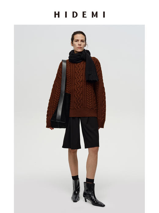 HIDEMI进口澳洲美利奴羊毛粗棒针绞花花针加厚款廓形宽松圆领套头大毛衣 鼠尾草灰绿|复古红棕 商品图2