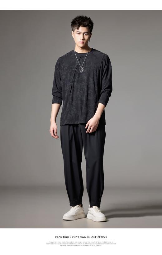 PINLI品立秋季新款提花休闲长袖T恤男士潮牌百搭宽松纯色上衣B243111001 商品图2