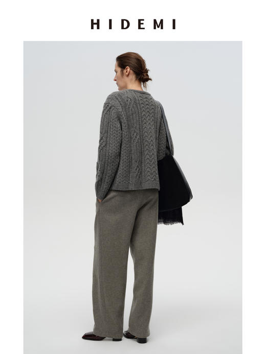 HIDEMI进口澳洲美利奴羊毛粗针绞花设计感加厚款廓形v领纽扣开衫毛衣外套 黑色|烟灰色 商品图9