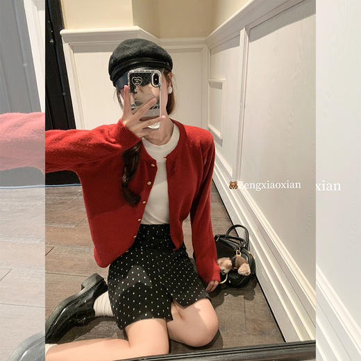 <曾小咸推荐>【复古红色套装毛织开衫半身裙 商品图1