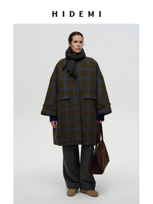 HIDEMI极简大廓形艺术感撞色色织格纹厚款羊毛毛呢夹棉双重保暖大衣 商品图0