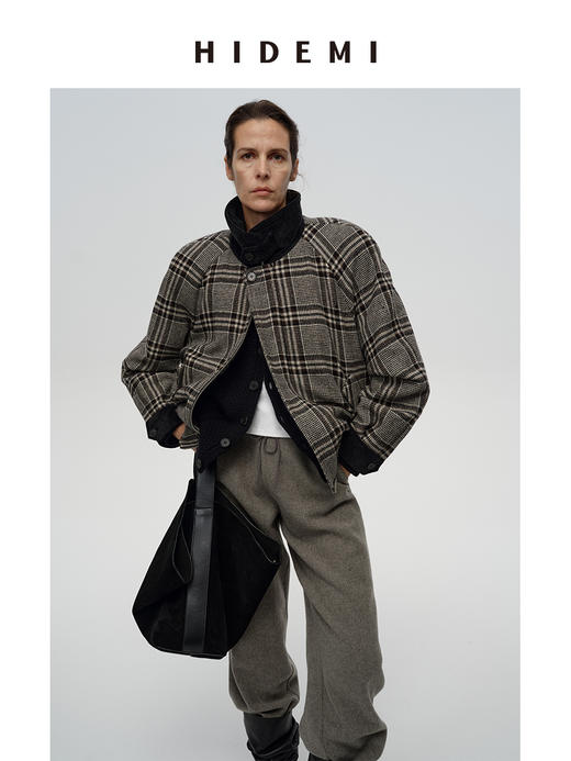 HIDEMI 【戚薇同款】进口色织羊毛粗呢毛呢加宽复古廓形肩型飞行员加棉可拆卸棉服背心两件套大衣外套 商品图9