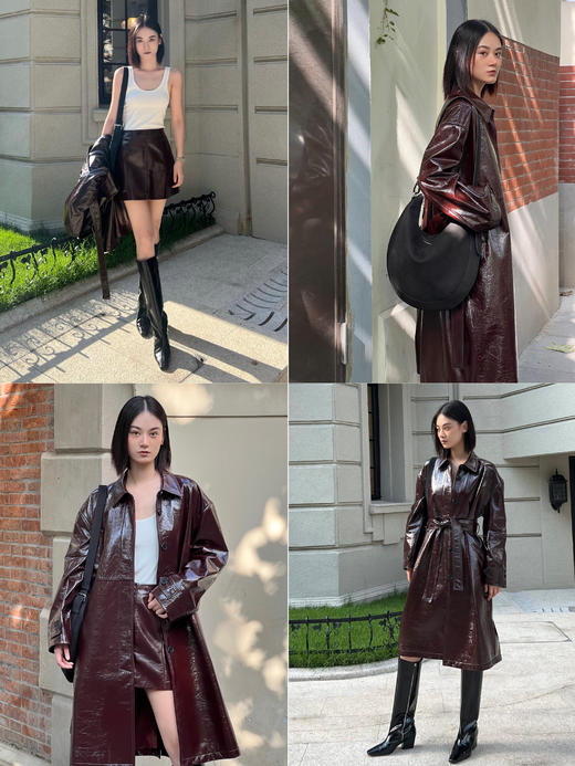 HIDEMI 勃艮第酒红进口激光涂层裂纹感羊皮圆领极简大廓形落肩款长款皮衣大衣 商品图2