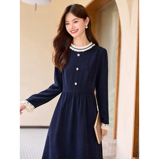 【专属特价】熙世界法式通勤气质复古优雅磨毛连衣裙女秋冬赫本风正式场合裙子 商品图2