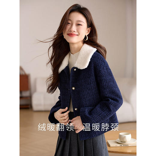 【年终特卖】熙世界小香风毛呢外套女短款冬季毛绒翻领加厚夹棉粗花呢夹克上衣 商品图3