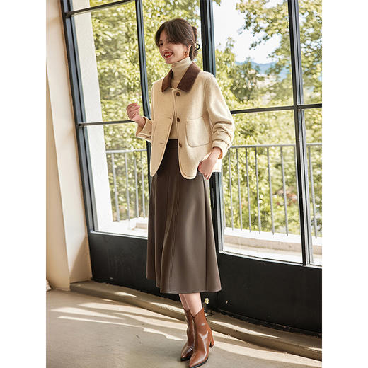 【年终特卖】熙世界骆驼绒绵羊毛大衣女短款冬季新款小香风撞色翻领毛呢外套 商品图4