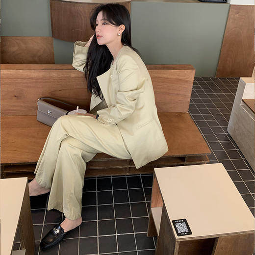 【顺丰包邮】99959 洛诗琳老钱风收腰西装外套亚麻直筒裤两件套61038 商品图2