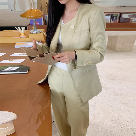 【顺丰包邮】99959 洛诗琳老钱风收腰西装外套亚麻直筒裤两件套61038 商品图4