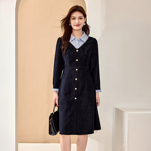 【清仓99】8/3奢姿大码女装2024秋季学院风翻领拼接裙子胖妹妹时尚假两件连衣裙9943853575 商品图0