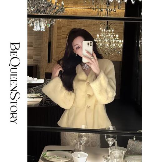 BeQueenStory【气韵美人】轻奢优雅V领收腰伞摆diao皮外套秋冬 商品图0