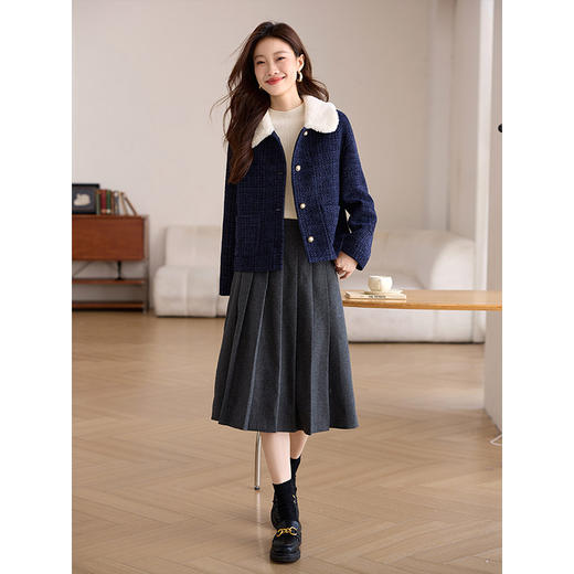 【年终特卖】熙世界小香风毛呢外套女短款冬季毛绒翻领加厚夹棉粗花呢夹克上衣 商品图4