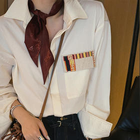 【顺丰包邮】12342 洛诗琳秋冬随性慵懒设计感口袋拼接刺绣衬衫10736