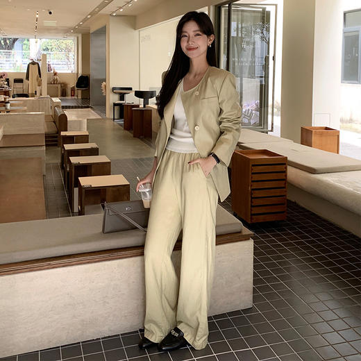【顺丰包邮】99959 洛诗琳老钱风收腰西装外套亚麻直筒裤两件套61038 商品图3