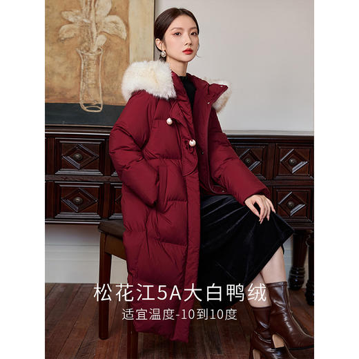 【年终特卖】熙世界可脱卸大毛领红色羽绒服长款白鸭绒保暖外套女2025冬季新款 商品图0