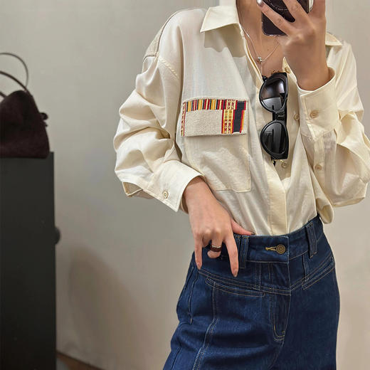 【顺丰包邮】12342 洛诗琳秋冬随性慵懒设计感口袋拼接刺绣衬衫10736 商品图2