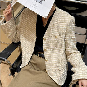 【顺丰包邮】99053 洛诗琳设计感小香风粗花呢v领时尚短款外套160495