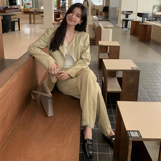 【顺丰包邮】99959 洛诗琳老钱风收腰西装外套亚麻直筒裤两件套61038 商品图1