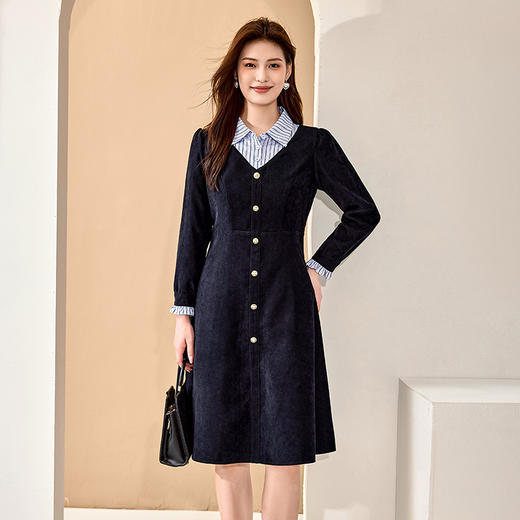 【清仓99】8/3奢姿大码女装2024秋季学院风翻领拼接裙子胖妹妹时尚假两件连衣裙9943853575 商品图1
