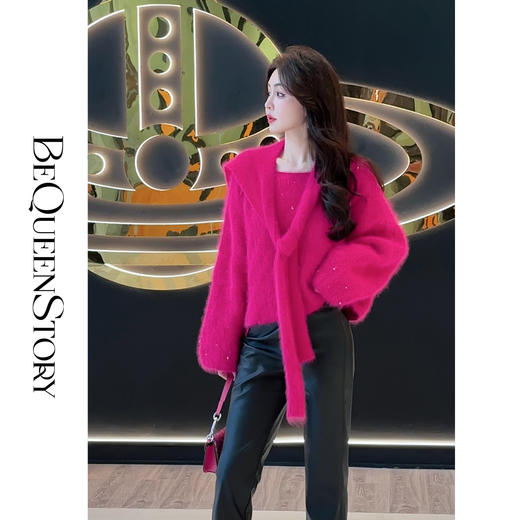 BeQueenStory【梦之花舞】精致宽松慵懒套头红色毛衣&披肩 商品图0