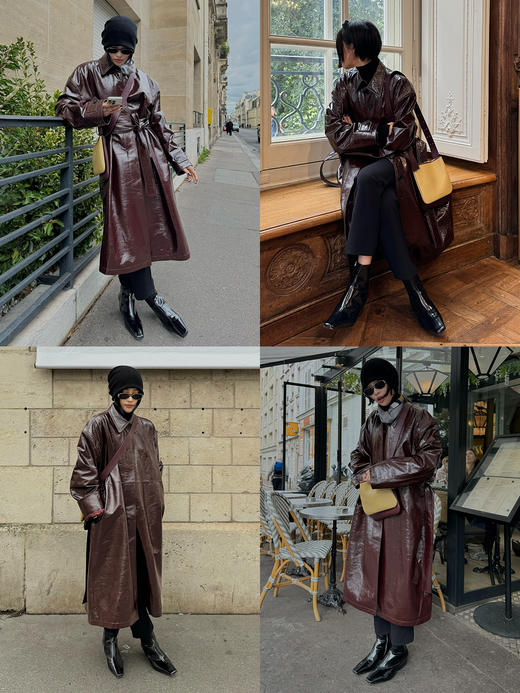 HIDEMI 勃艮第酒红进口激光涂层裂纹感羊皮圆领极简大廓形落肩款长款皮衣大衣 商品图1