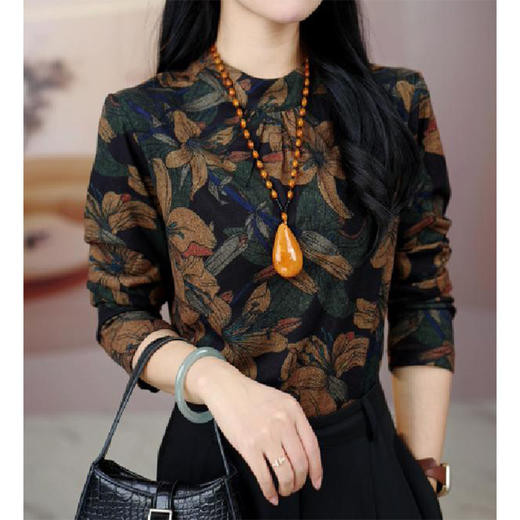 SMZ31335保暖打底衫女士2024冬季新款宽松复古印花小衫洋气减龄内搭上衣潮 商品图3