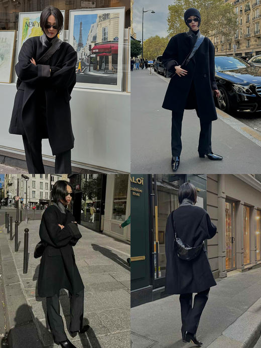 HIDEMI 极简超大廓形加宽垫肩设计感厚款羊毛毛呢西装式口袋中长款大衣 黑色/深灰色 商品图1