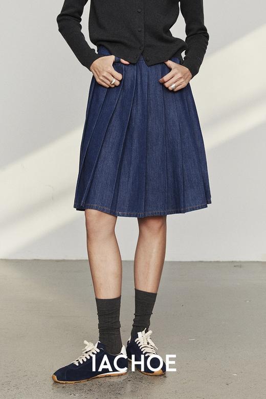 棉仓3561517005-秋季新品mui风百褶半身裙  通勤A字版牛仔半裙 商品图4