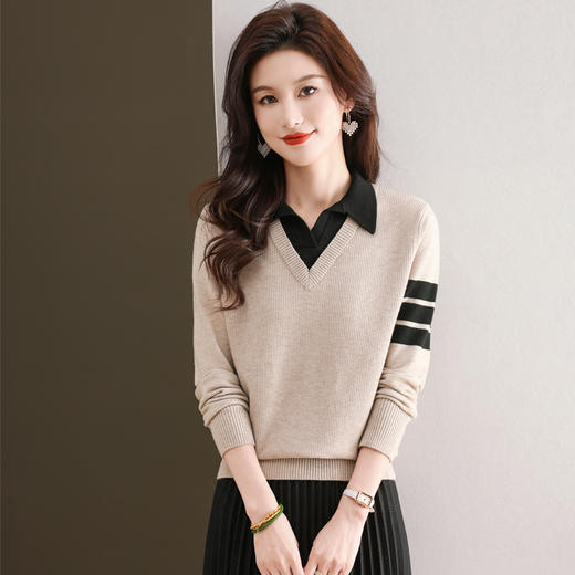 CC-103-6127春秋冬新款POLO领针织衫假两件长袖上衣宽松毛衣打底衫内搭女 商品图1