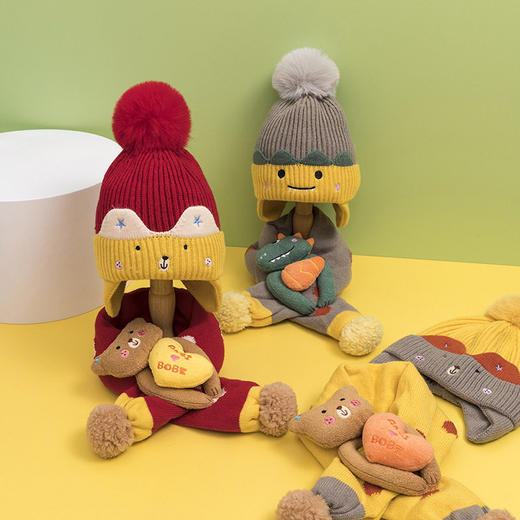 【立体卡通儿童保暖毛线帽子两件套】围巾秋冬儿童围脖帽子套装1-3岁 商品图1