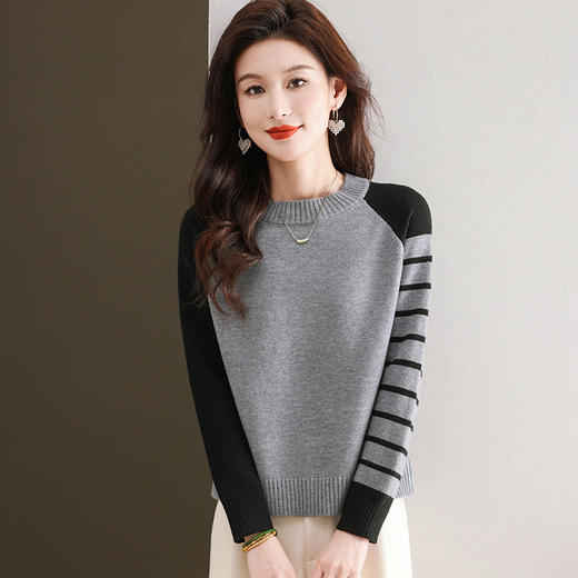 CC-103-6120早秋长袖针织衫女薄2024新款拼色洋气内搭上衣秋冬圆领毛衣打底衫 商品图3