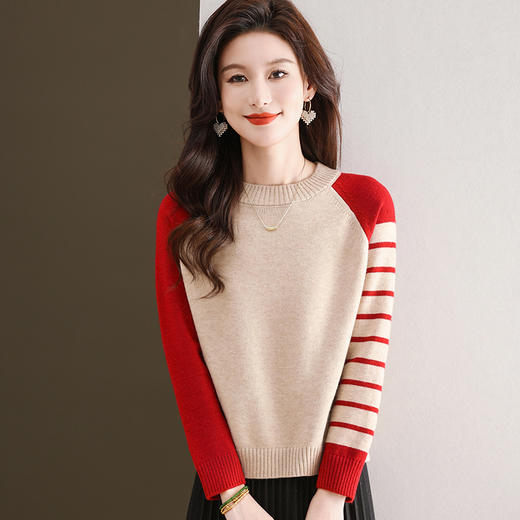 CC-103-6120早秋长袖针织衫女薄2024新款拼色洋气内搭上衣秋冬圆领毛衣打底衫 商品图0