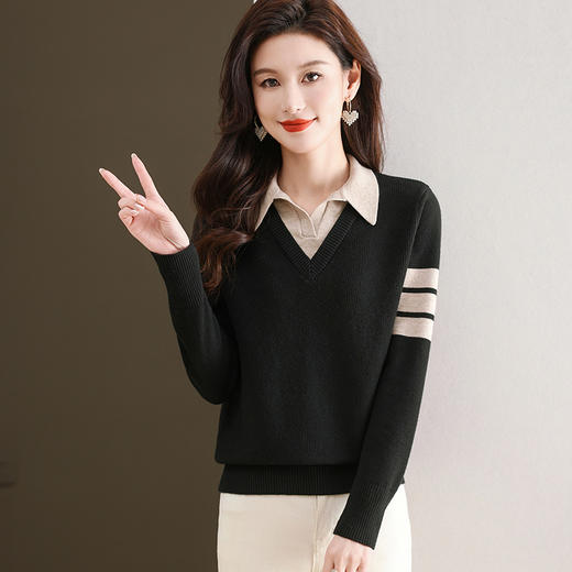 CC-103-6127春秋冬新款POLO领针织衫假两件长袖上衣宽松毛衣打底衫内搭女 商品图3