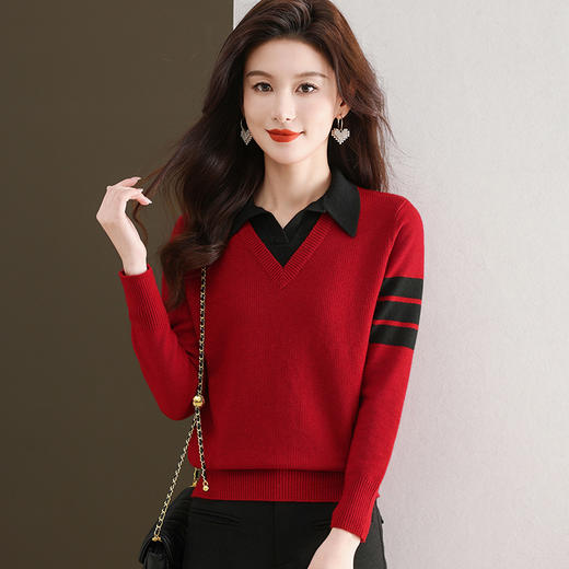 CC-103-6127春秋冬新款POLO领针织衫假两件长袖上衣宽松毛衣打底衫内搭女 商品图2