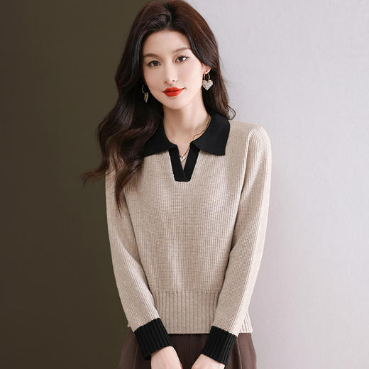 CC-103-6126春秋新款撞色polo领长袖针织衫女宽松显瘦翻领打底衫内搭上衣 商品图1