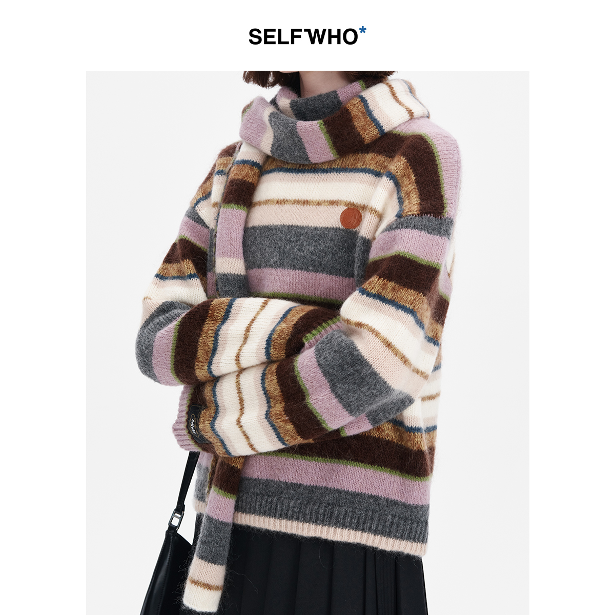 SELFWHO马海毛混纺复古拼色窄版条纹装饰针织围巾女2024秋冬新款