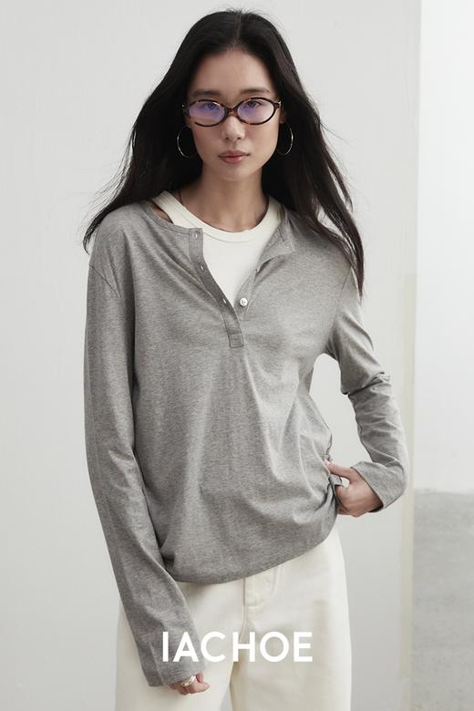 棉仓3561501002-秋装新中式亨利零长袖T恤  松弛感宽松设计感上衣打底衫 商品图4