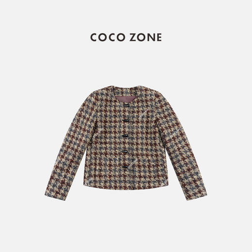 COCO ZONE 设计感撞色格纹外套牛角扣圆领上衣CC1D2358 商品图0