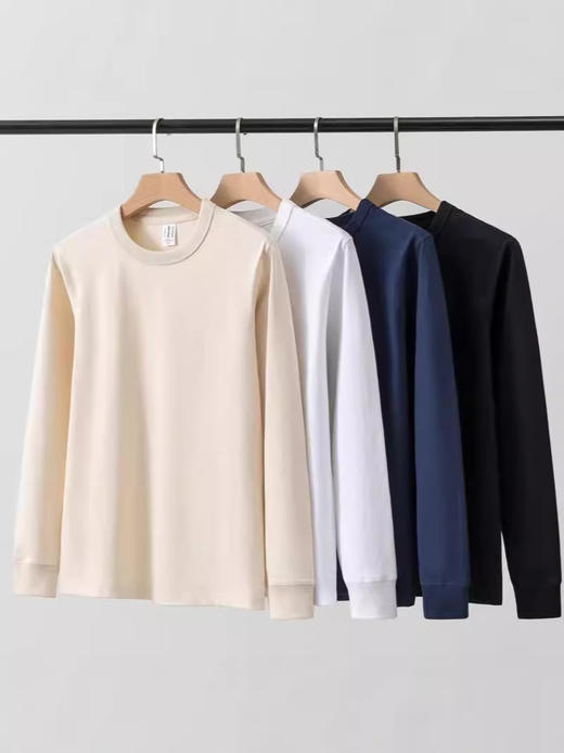 【2件男女款任意选】三本针重磅纯棉圆领长袖T恤 男女同款纯色秋冬打底衫 正肩直筒设计 上身挺拔舒适 商品图1